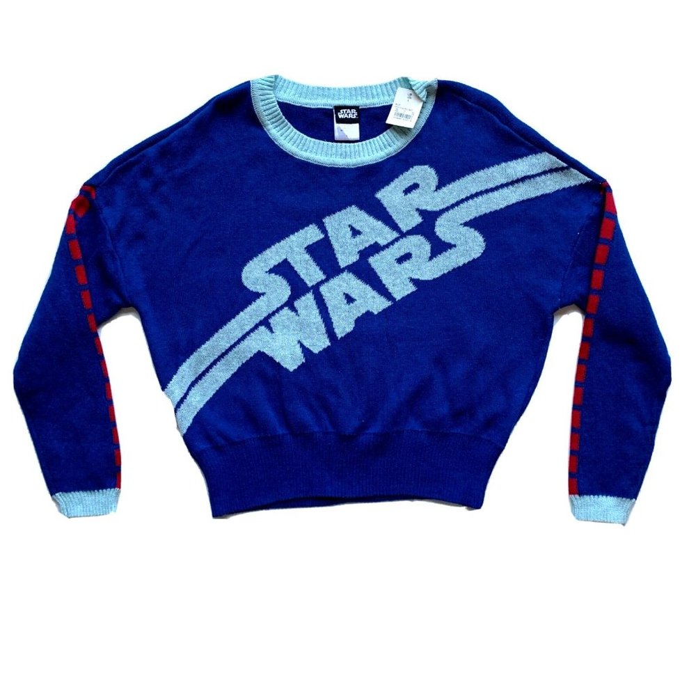 Star Wars Lucasfilm Cropped Sweater‎ Womens Large Blue Chunky Knit Pullover NWT
